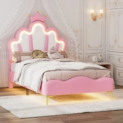Lit Capitonné 90 X 200 Cm,en Forme De Couronne,en Cuir Pu,lit LED Avec Sommier à Lattes,rose