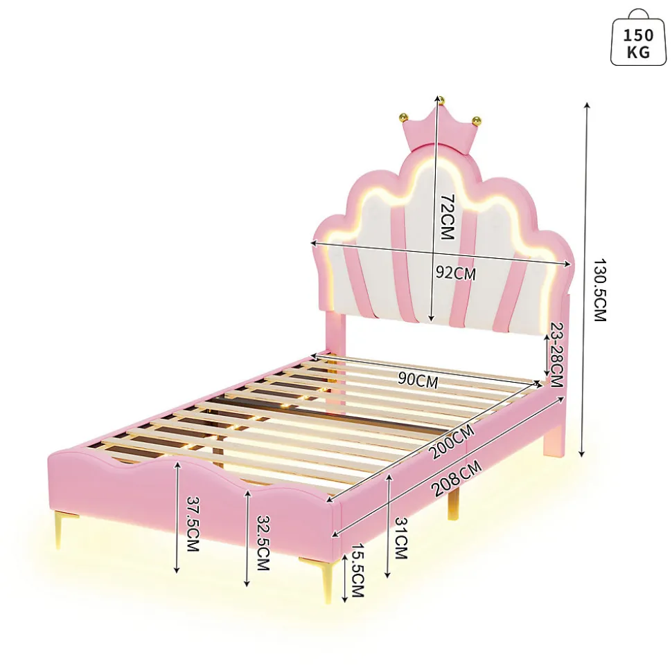 Lit Capitonné 90 X 200 Cm,en Forme De Couronne,en Cuir Pu,lit LED Avec Sommier à Lattes,rose