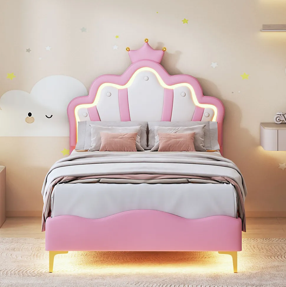 Lit Capitonné 90 X 200 Cm,en Forme De Couronne,en Cuir Pu,lit LED Avec Sommier à Lattes,rose