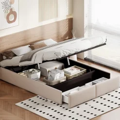 Lit capitonné 140 x 200cm, lit plateforme, lit capitonné sans tête de lit, avec rangement hydraulique et 2 tiroirs, beige