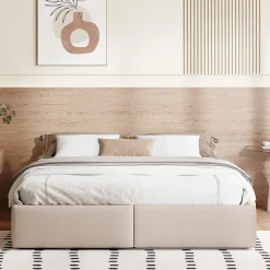 Lit capitonné 140 x 200cm, lit plateforme, lit capitonné sans tête de lit, avec rangement hydraulique et 2 tiroirs, beige