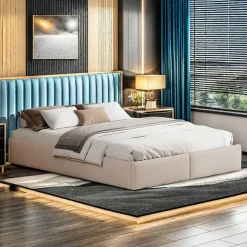 Lit capitonné 140 x 200cm, lit plateforme, lit capitonné sans tête de lit, avec rangement hydraulique et 2 tiroirs, beige