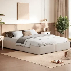 Lit capitonné 140 x 200cm, lit plateforme, lit capitonné sans tête de lit, avec rangement hydraulique et 2 tiroirs, beige