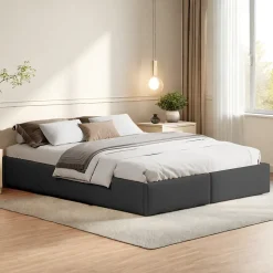 Lit capitonné 140 x 200cm, lit plateforme, lit capitonné sans tête de lit, avec rangement hydraulique et 2 tiroirs, gris