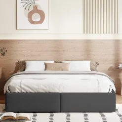 Lit capitonné 140 x 200cm, lit plateforme, lit capitonné sans tête de lit, avec rangement hydraulique et 2 tiroirs, gris