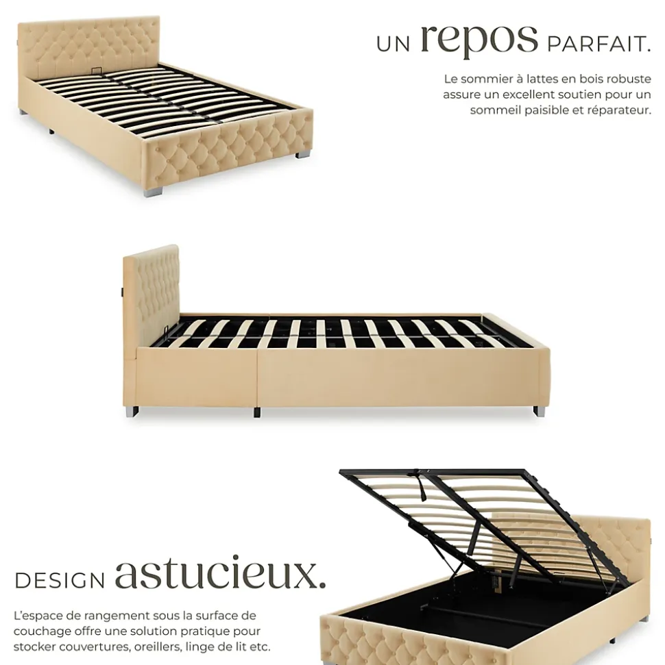 Lit capitonné avec bandes LED et espace de rangement 140x200 beige