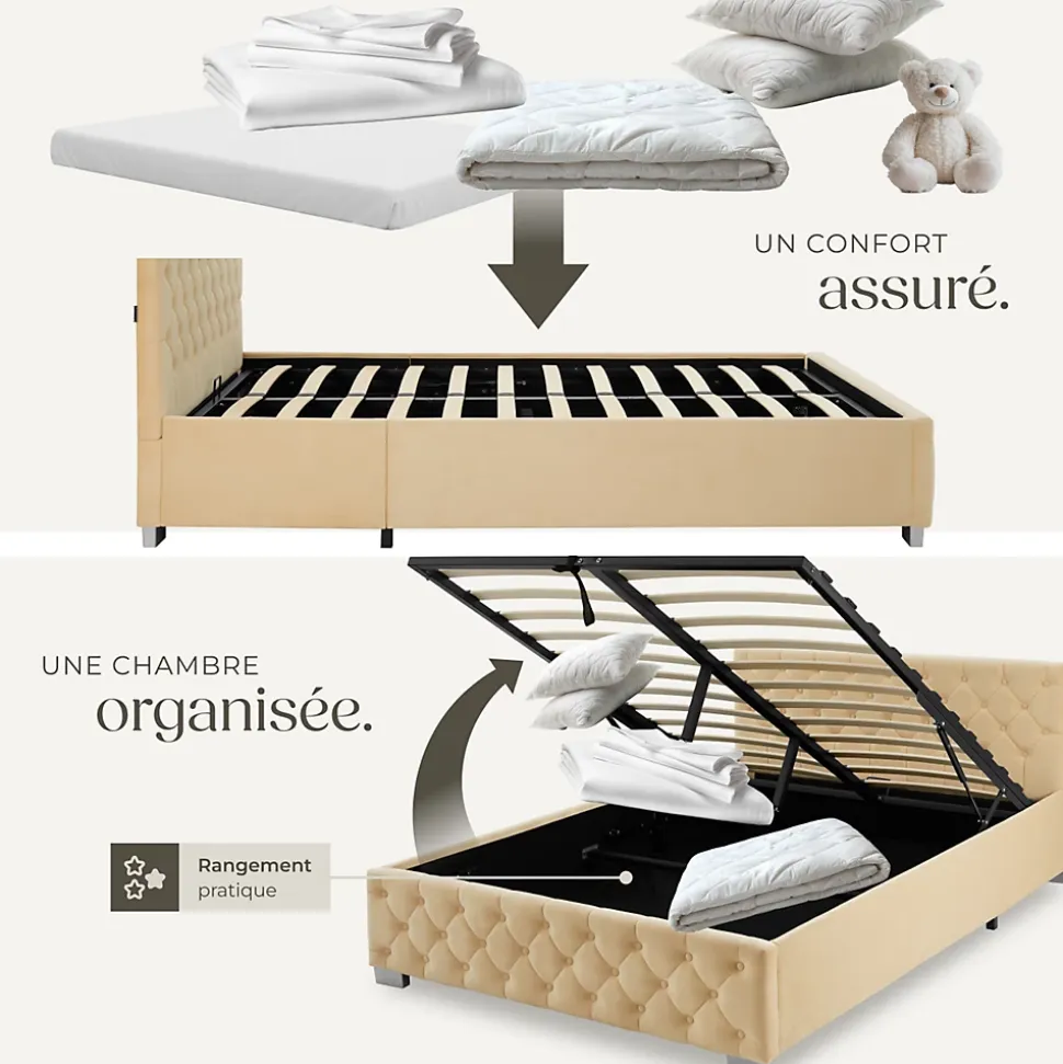 Lit capitonné avec bandes LED et espace de rangement 140x200 beige