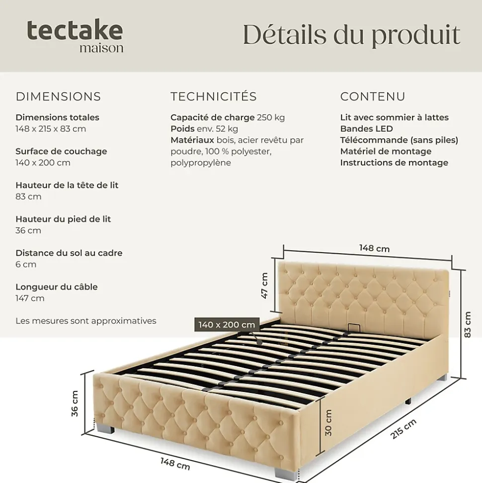 Lit capitonné avec bandes LED et espace de rangement 140x200 beige