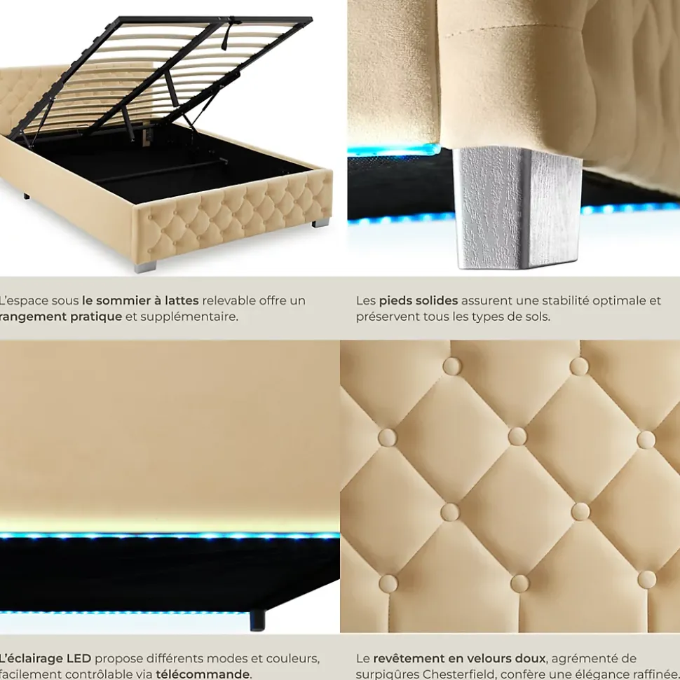 Lit capitonné avec bandes LED et espace de rangement 140x200 beige