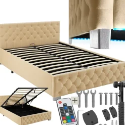 Lit capitonné avec bandes LED et espace de rangement 140x200 beige