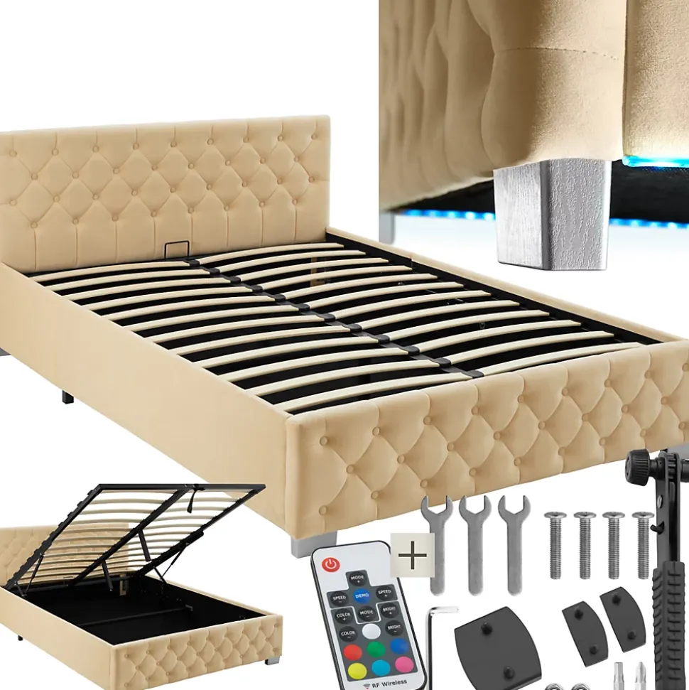 Lit capitonné avec bandes LED et espace de rangement 140x200 beige