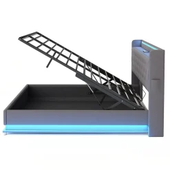 Lit capitonné LED 140 sur 200 cm avec port USB et rangement hydraulique en tissu lin gris doux pour la peau