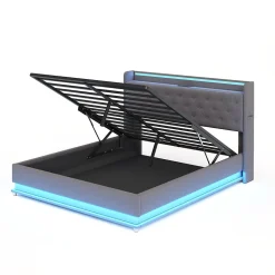Lit capitonné LED 140 sur 200 cm avec port USB et rangement hydraulique en tissu lin gris doux pour la peau