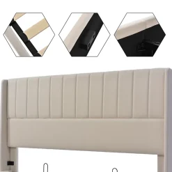 Lit capitonné,160 x 200 cm, avec sommier à lattes hydraulique, avec espace de rangement,beige