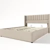 Lit capitonné,160 x 200 cm, avec sommier à lattes hydraulique, avec espace de rangement,beige