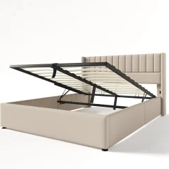 Lit capitonné,160 x 200 cm, avec sommier à lattes hydraulique, avec espace de rangement,beige