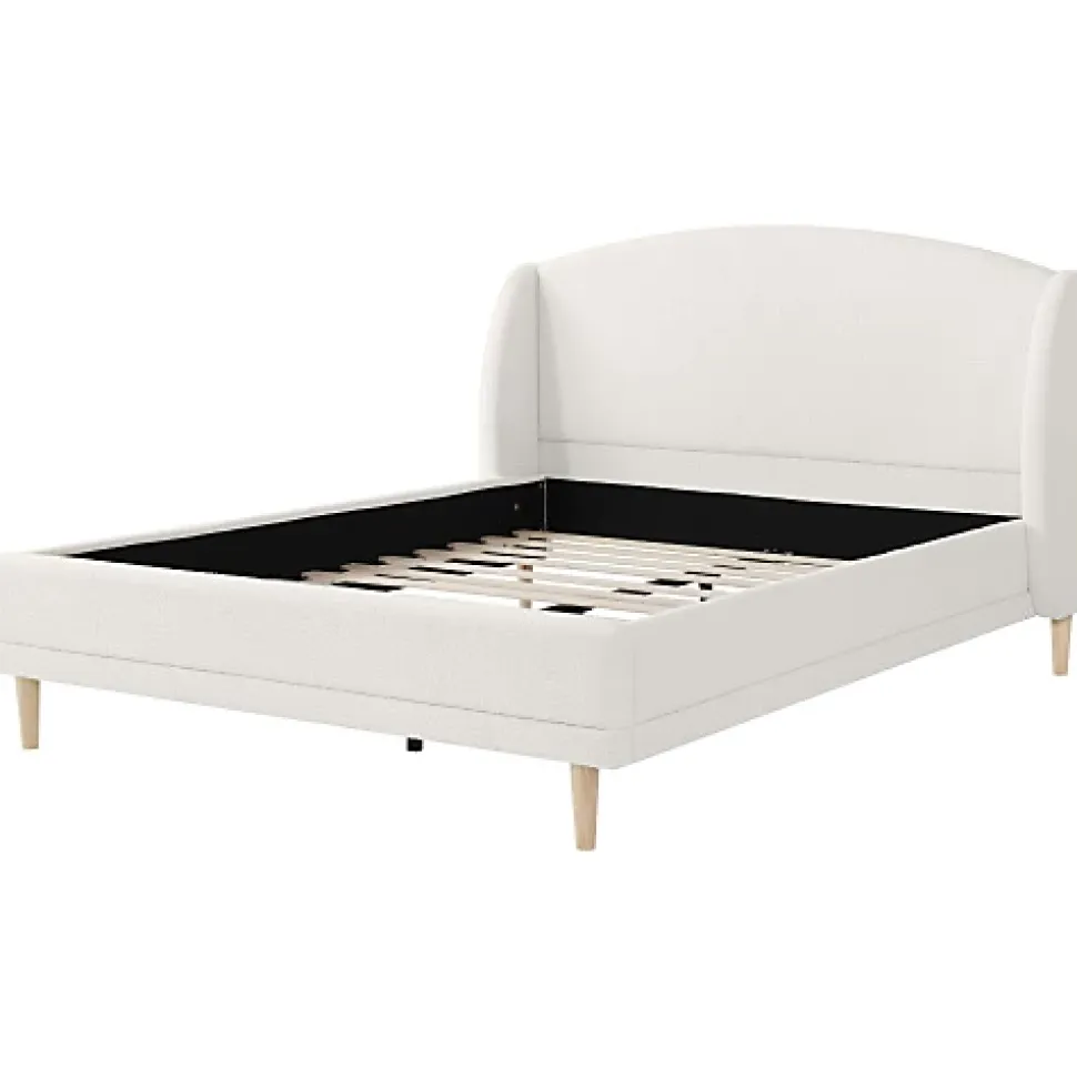 Lit capitonné 140x190 cm - Tête de lit à oreilles - Pieds en bois d'hévéa - Sommier à lattes - Tissu bouclé - Blanc(sans matelas)