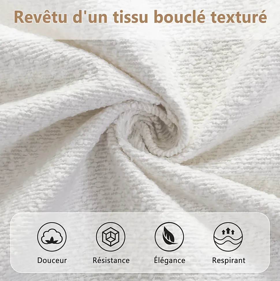 Lit capitonné 140x190 cm - Tête de lit à oreilles - Pieds en bois d'hévéa - Sommier à lattes - Tissu bouclé - Blanc(sans matelas)