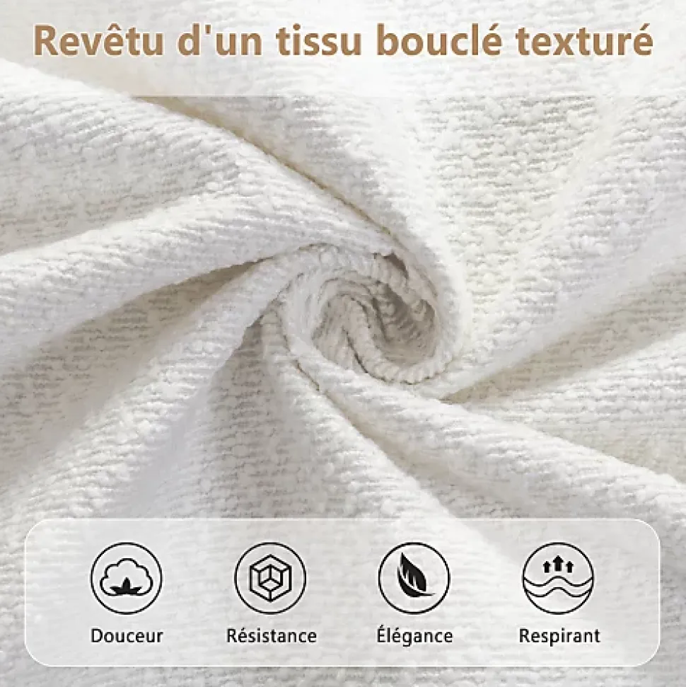 Lit capitonné 140x190 cm - Tête de lit à oreilles - Pieds en bois d'hévéa - Sommier à lattes - Tissu bouclé - Blanc(sans matelas)