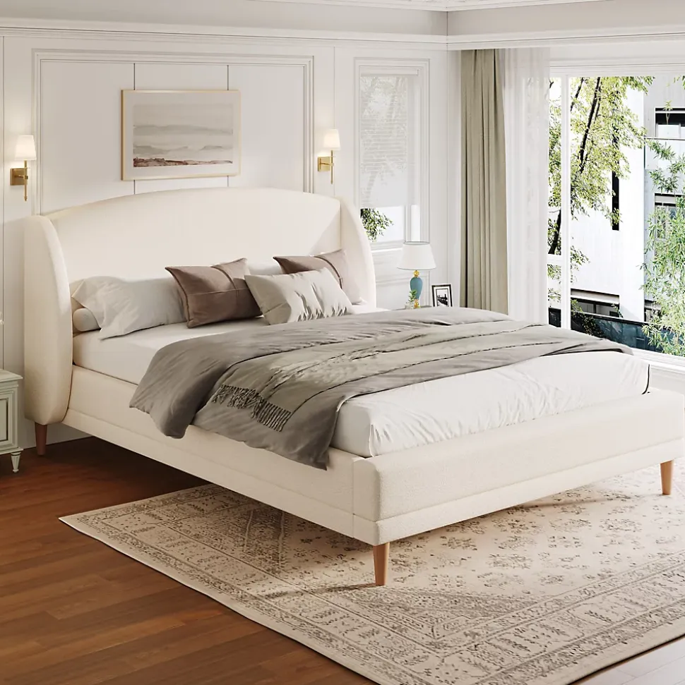 Lit capitonné 140x190 cm - Tête de lit à oreilles - Pieds en bois d'hévéa - Sommier à lattes - Tissu bouclé - Blanc(sans matelas)