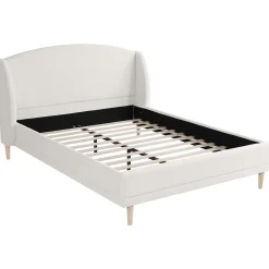 Lit capitonné 140x190 cm - Tête de lit à oreilles - Pieds en bois d'hévéa - Sommier à lattes - Tissu bouclé - Blanc(sans matelas)