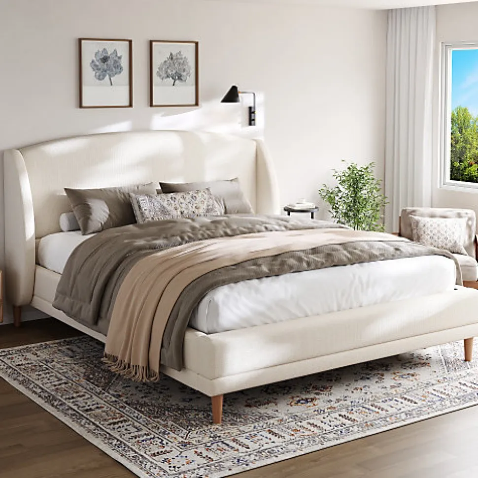 Lit capitonné 140x190 cm - Tête de lit à oreilles - Pieds en bois d'hévéa - Sommier à lattes - Tissu bouclé - Blanc(sans matelas)