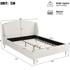 Lit capitonné 140x190 cm - Tête de lit à oreilles - Pieds en bois d'hévéa - Sommier à lattes - Tissu bouclé - Blanc(sans matelas)