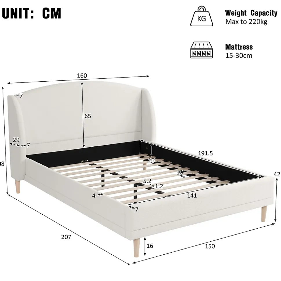Lit capitonné 140x190 cm - Tête de lit à oreilles - Pieds en bois d'hévéa - Sommier à lattes - Tissu bouclé - Blanc(sans matelas)