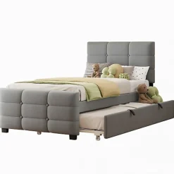 Lit capitonné 90x190cm - lit gigogne - velours - gris (matelas non inclus)