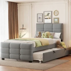 Lit capitonné 90x190cm - lit gigogne - velours - gris (matelas non inclus)