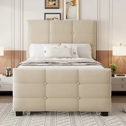 Lit capitonné 90x190cm - lit gigogne - velours - beige (matelas non inclus)