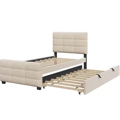 Lit capitonné 90x190cm - lit gigogne - velours - beige (matelas non inclus)
