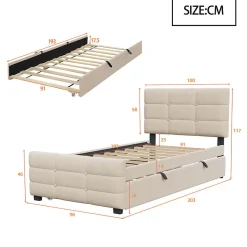 Lit capitonné 90x190cm - lit gigogne - velours - beige (matelas non inclus)