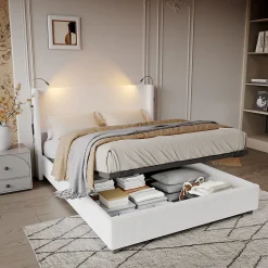 Lit capitonné 140x200cm avec une lampe de lecture , Lit Coffre avec Espace de Rangement, Sommier à Lattes, velours côtelé, Beige