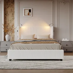 Lit capitonné 140x200cm avec une lampe de lecture , Lit Coffre avec Espace de Rangement, Sommier à Lattes, velours côtelé, Beige