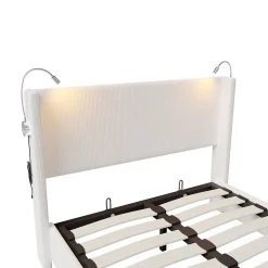 Lit capitonné 140x200cm avec une lampe de lecture , Lit Coffre avec Espace de Rangement, Sommier à Lattes, velours côtelé, Beige