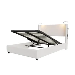 Lit capitonné 140x200cm avec une lampe de lecture , Lit Coffre avec Espace de Rangement, Sommier à Lattes, velours côtelé, Beige