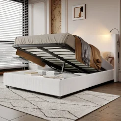 Lit capitonné 140x200cm avec une lampe de lecture , Lit Coffre avec Espace de Rangement, Sommier à Lattes, velours côtelé, Beige