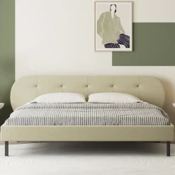 Lit capitonné 160x200cm beige avec tête de lit et sommier - TULSA