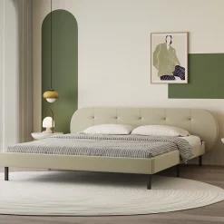 Lit capitonné 160x200cm beige avec tête de lit et sommier - TULSA