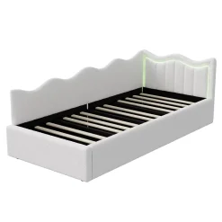 Lit Capitonné 90x200cm, Canapé-lit Coffre Avec Éclairage LED Et Sommier à Lattes, Velours,blanc