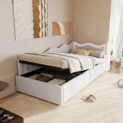 Lit Capitonné 90x200cm, Canapé-lit Coffre Avec Éclairage LED Et Sommier à Lattes, Velours,blanc