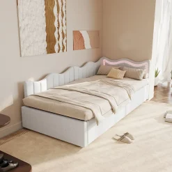 Lit Capitonné 90x200cm, Canapé-lit Coffre Avec Éclairage LED Et Sommier à Lattes, Velours,blanc