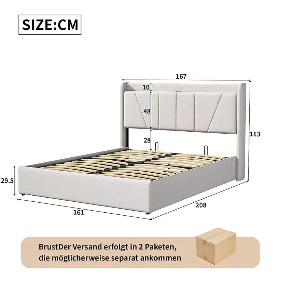 Lit capitonné 160x200cm, lit coffre avec 2 USB+1 interface type-c, Rangement sous le lit,Beige
