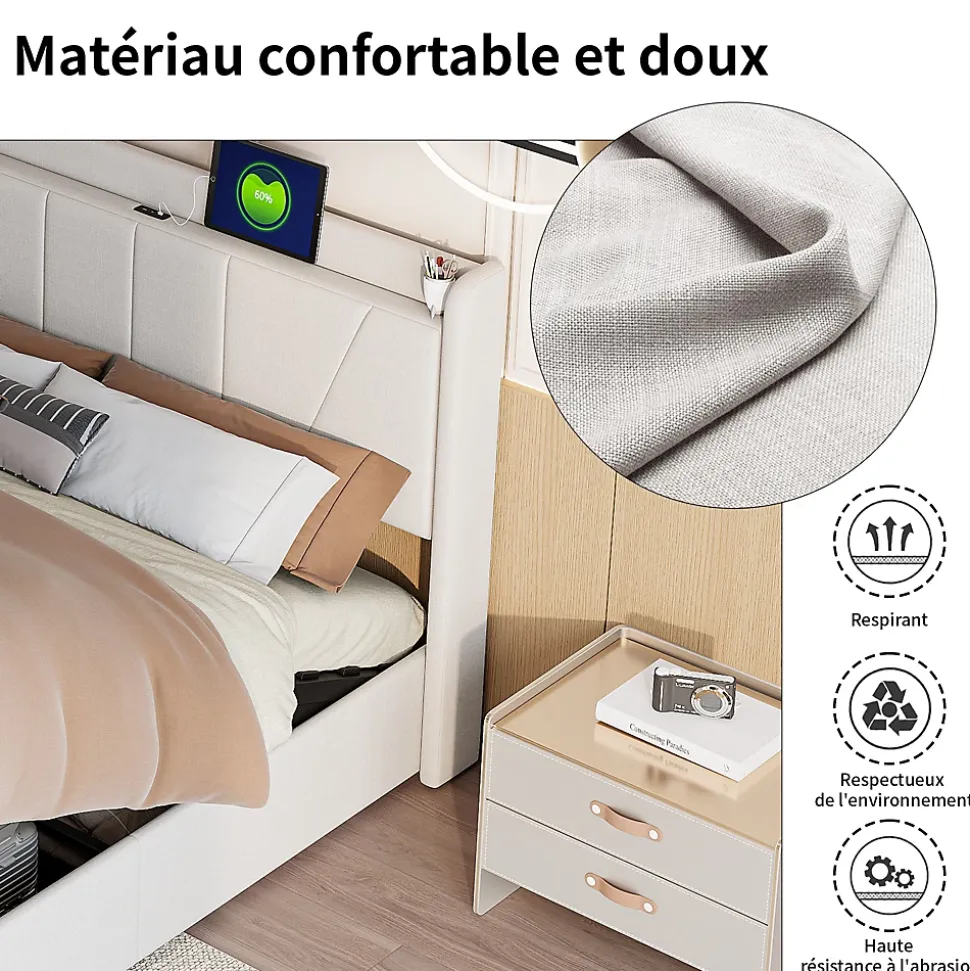 Lit capitonné 160x200cm, lit coffre avec 2 USB+1 interface type-c, Rangement sous le lit,Beige