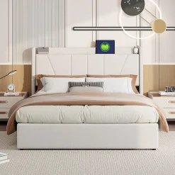 Lit capitonné 160x200cm, lit coffre avec 2 USB+1 interface type-c, Rangement sous le lit,Beige