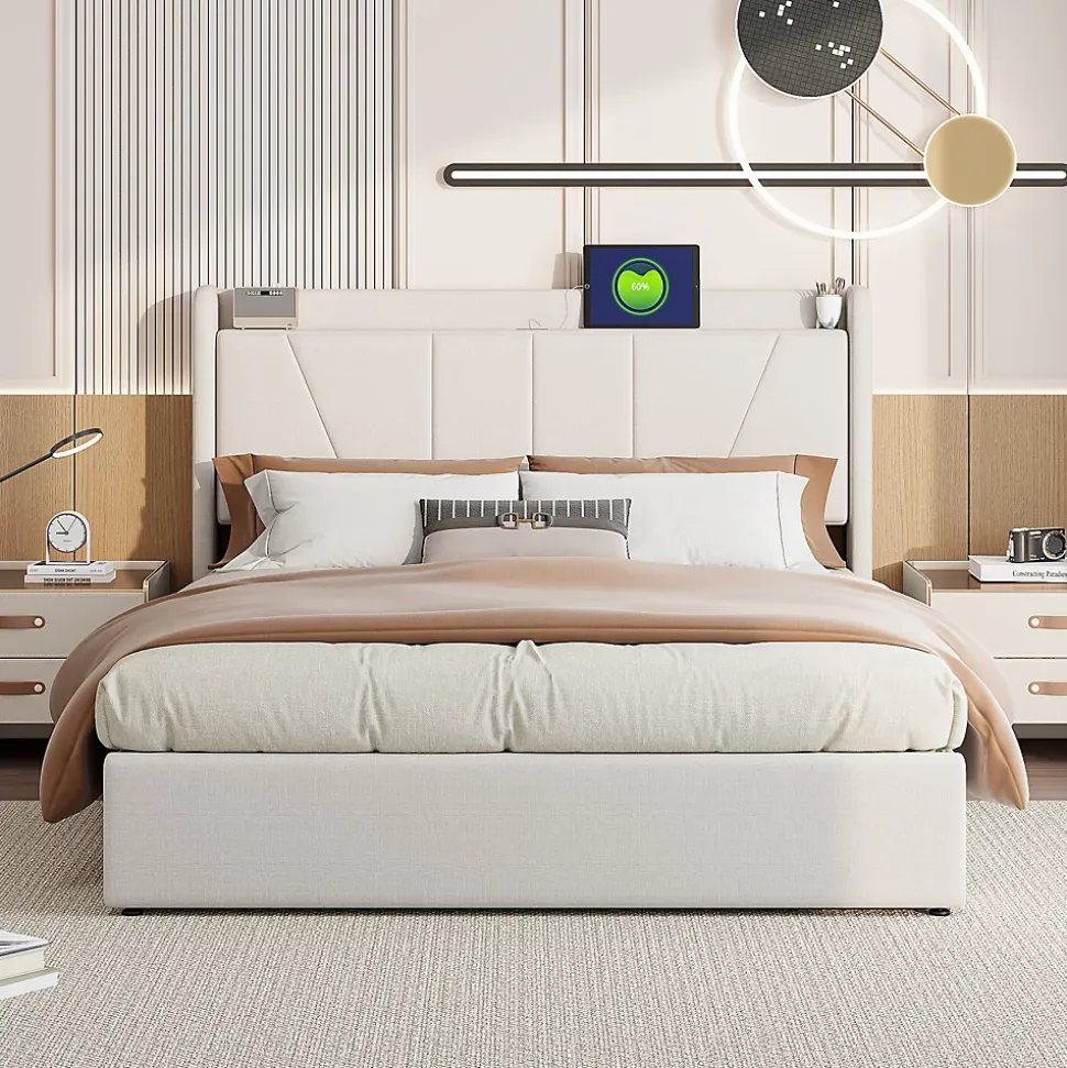 Lit capitonné 160x200cm, lit coffre avec 2 USB+1 interface type-c, Rangement sous le lit,Beige