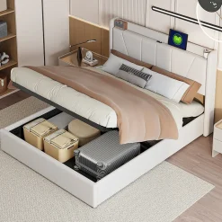 Lit capitonné 160x200cm, lit coffre avec 2 USB+1 interface type-c, Rangement sous le lit,Beige