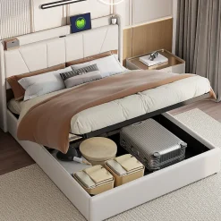 Lit capitonné 160x200cm, lit coffre avec 2 USB+1 interface type-c, Rangement sous le lit,Beige