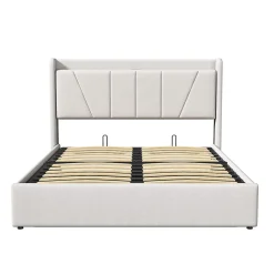 Lit capitonné 160x200cm, lit coffre avec 2 USB+1 interface type-c, Rangement sous le lit,Beige